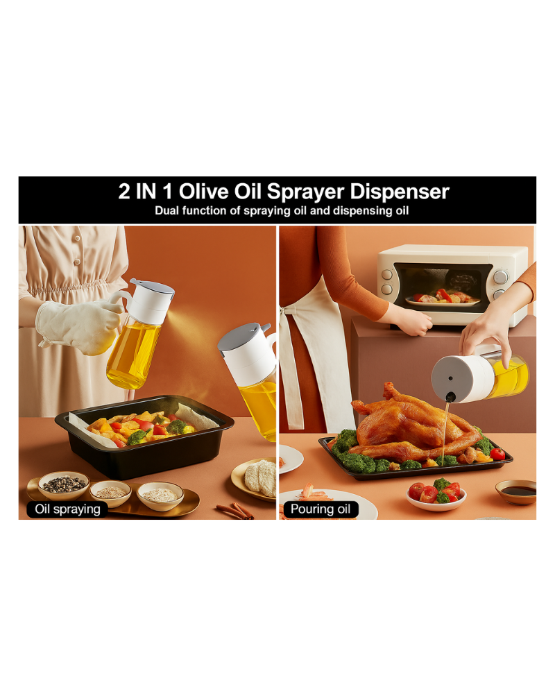 2-in-1 Oil Spray Bottle Oil Dispenser Glass Olive Oil Spray Mister for Cooking Air Fryer, BBQ, Salad Dressing, Oil Control for Healthy Eating Kitchen Appliances (300ml)